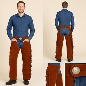 Whitman Leather Western Fringe Batwing Chaps‎ Unisex Rust Suede Rodeo Horse USA